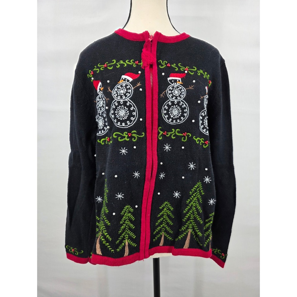 Kim Rogers Snowman Christmas Cardigan Sweater Black Red Zip Front Women Large